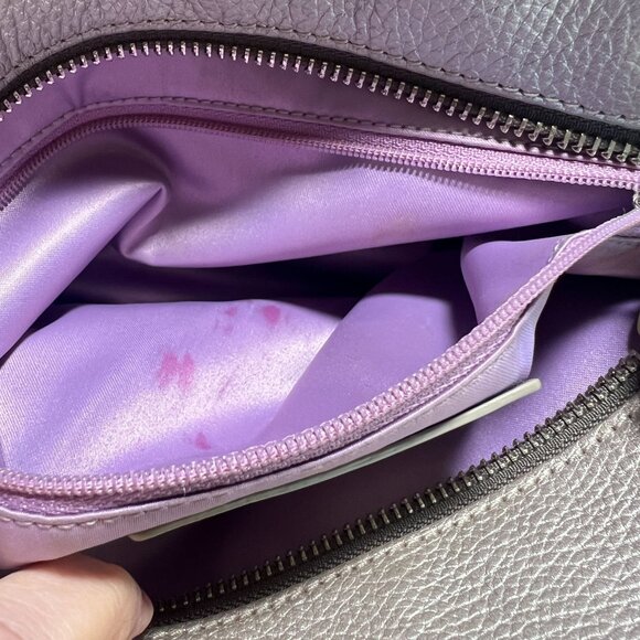 Coach L Shoulder Bag Pebbled Leather Metallic Silver Purse Tote Duo Handles - Picture 10 of 16